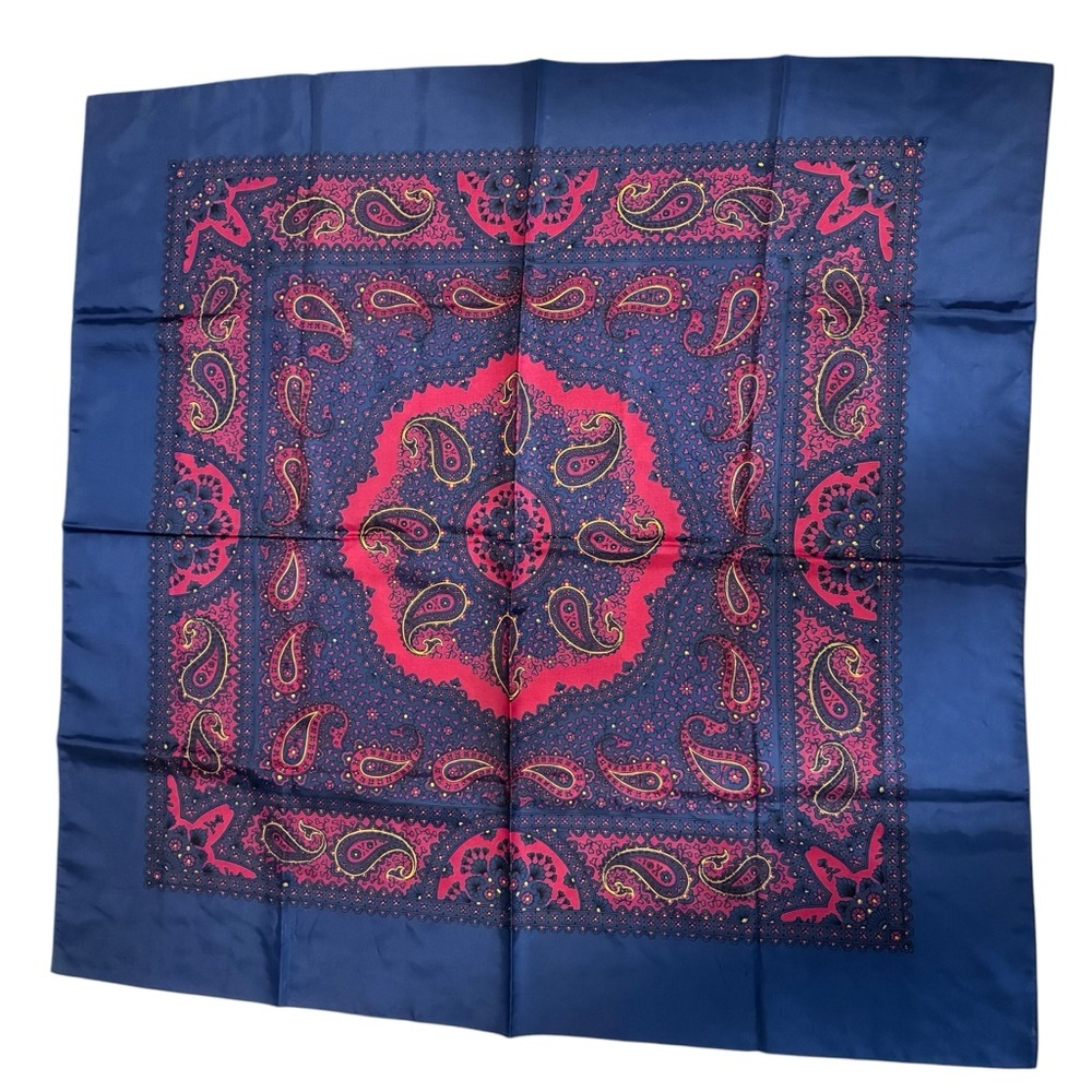 Celanese Navy Blue and Red Paisley Square Silk-Feel Scarf